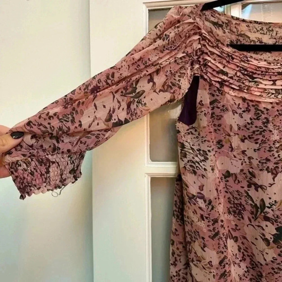 BCBGMAXAZRIA | Dusty Rose Bohemian Puff Sleeves Floral Blouse Size XS - Picture 5 of 8